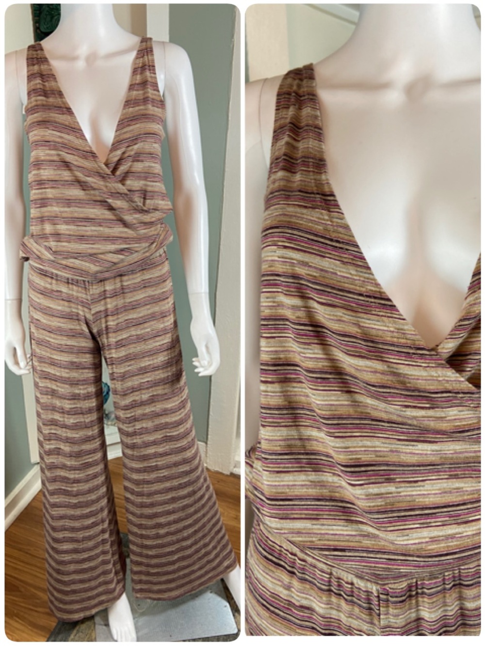 Michael Lauren Striped Surplice Wrap Draped Sleeveless Wide-Leg Jumpsuit [CH]